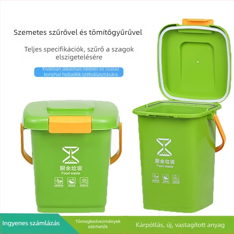 Háztartási szemetes fedővel és szűrővel, konyhai hulladékok osztályozása nedves–száraz szerint, hordozható tárolóedény 10–20 liter