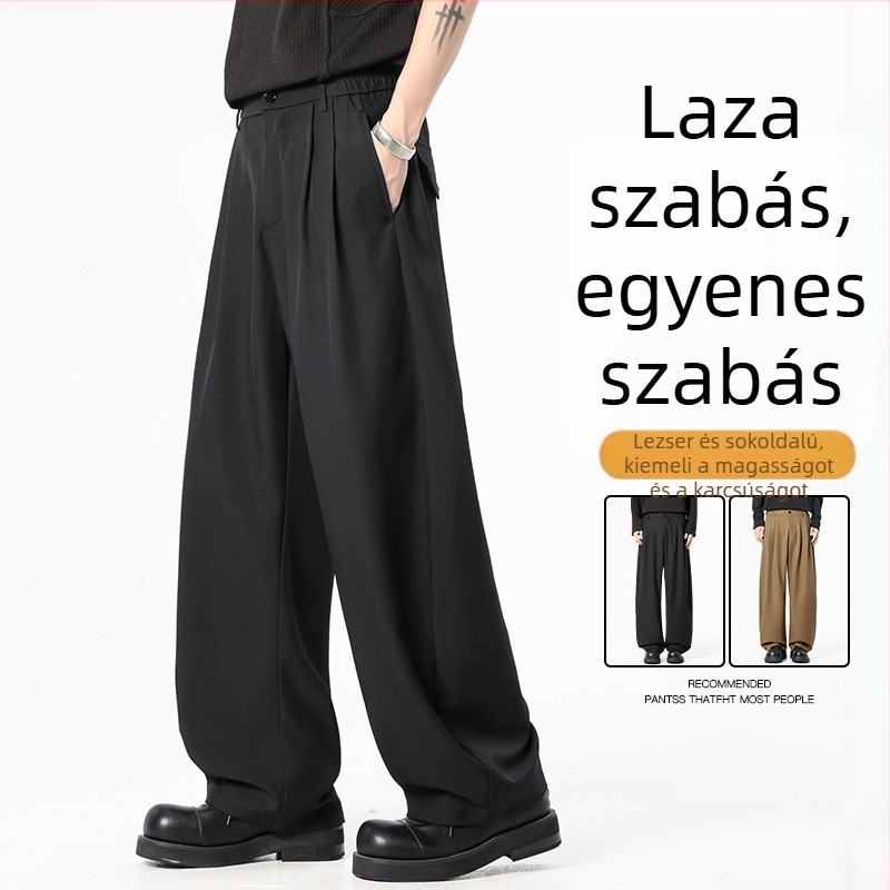 Férfi háromdimenziós szabású, drapírozott széles szárú nadrág, tavaszi–őszi szezonhoz, laza mindennapi viselet, két redővel, egyenes szárú, magas minőségű trend
