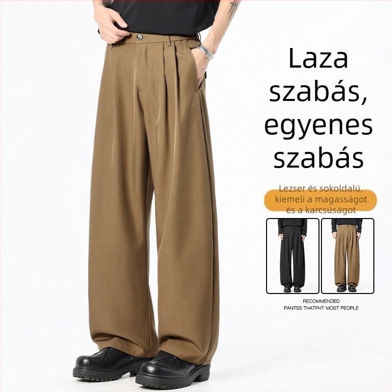 Férfi háromdimenziós szabású, drapírozott széles szárú nadrág, tavaszi–őszi szezonhoz, laza mindennapi viselet, két redővel, egyenes szárú, magas minőségű trend