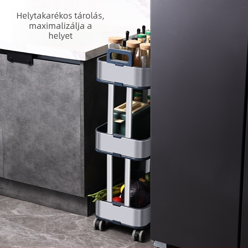 Konyhai tárolóállvány padlóra álló, többemeletes, mozgatható kocsi, keskeny polc fűszerekhez