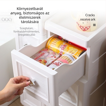 Műanyag tároló szekrény keskeny helyekre, fiókos kivitel, fürdőszobára és konyhára, 4 szint