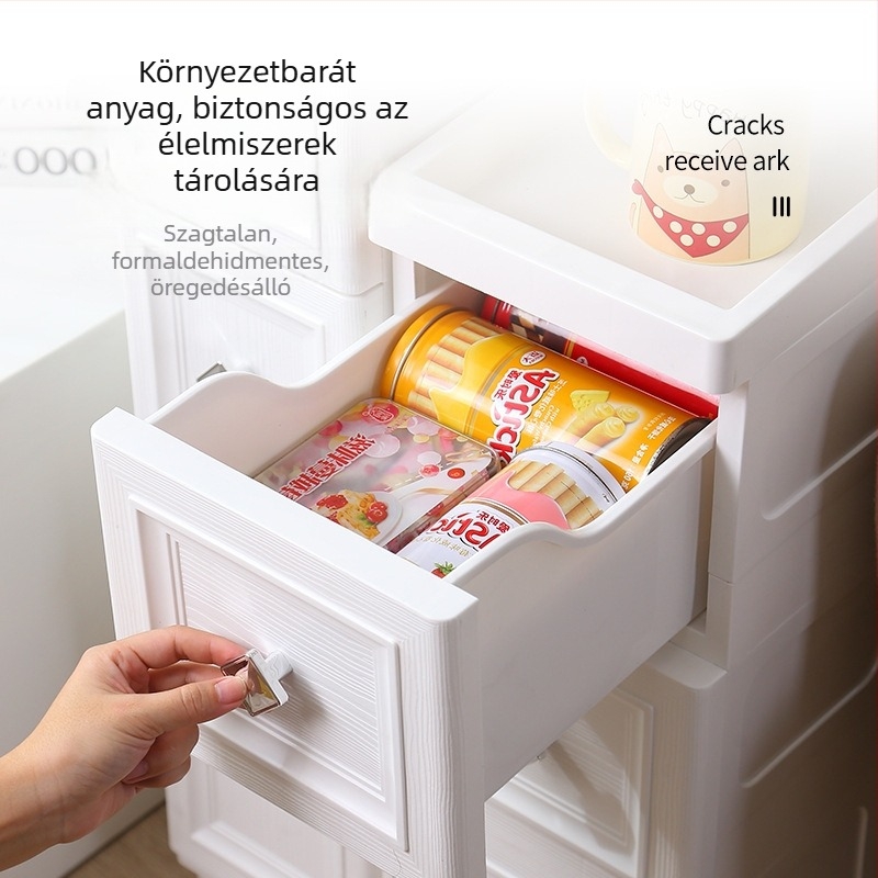 Műanyag tároló szekrény keskeny helyekre, fiókos kivitel, fürdőszobára és konyhára, 4 szint