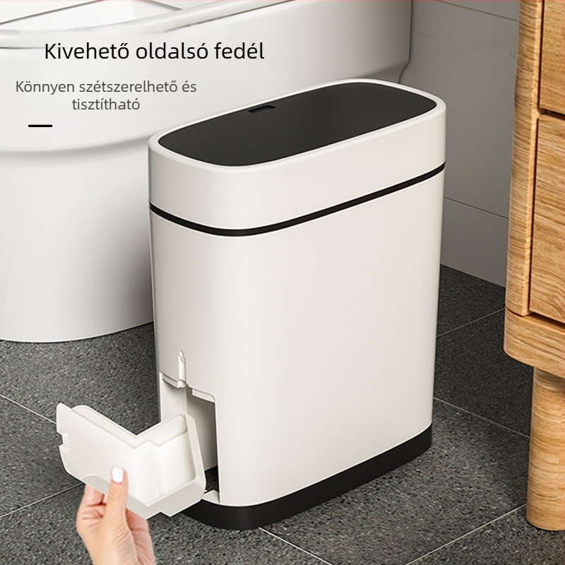 Kompakt fürdőszobai kuka beépített WC-kefével, nyomógombos nyitás, 12 L, műanyag, négyzetes
