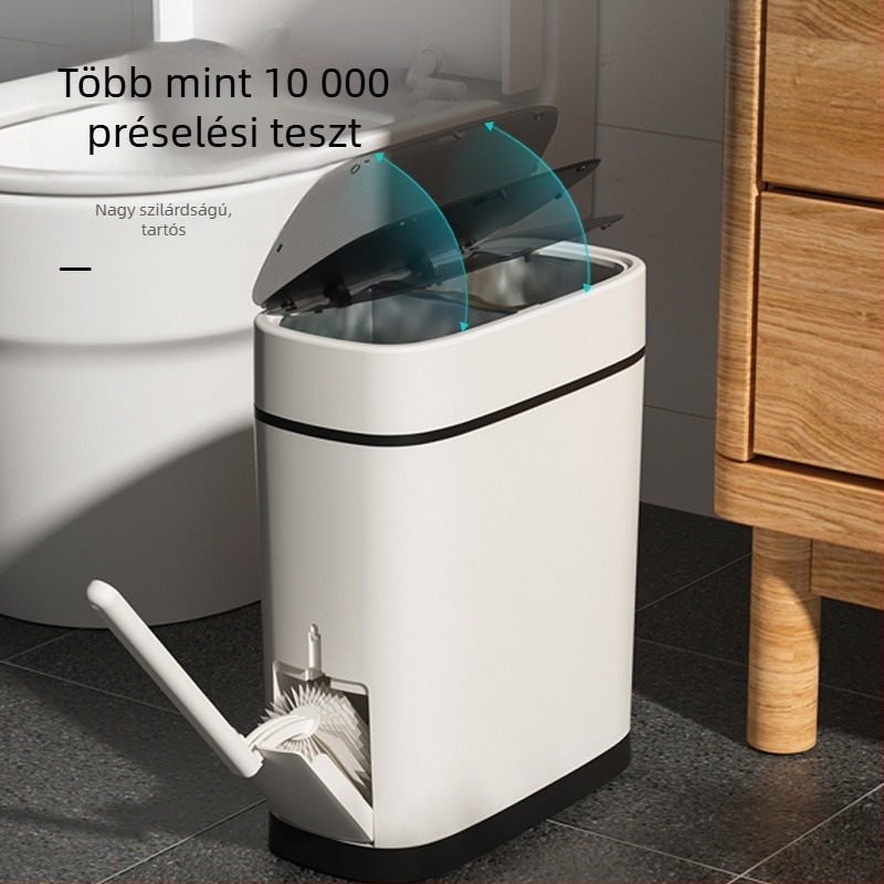 Kompakt fürdőszobai kuka beépített WC-kefével, nyomógombos nyitás, 12 L, műanyag, négyzetes