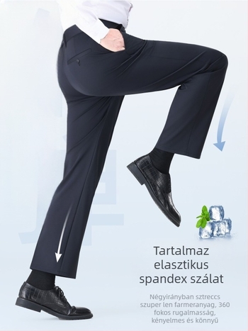 Férfiaknak sötétkék vékony nadrág, esése, gyűrődésmentes, karcsú szabású, üzleti nadrág, egyenes szárú