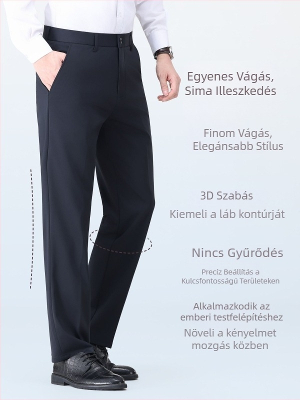Férfiaknak sötétkék vékony nadrág, esése, gyűrődésmentes, karcsú szabású, üzleti nadrág, egyenes szárú