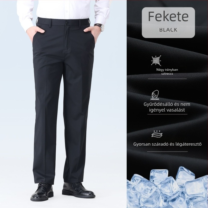 Férfiaknak sötétkék vékony nadrág, esése, gyűrődésmentes, karcsú szabású, üzleti nadrág, egyenes szárú