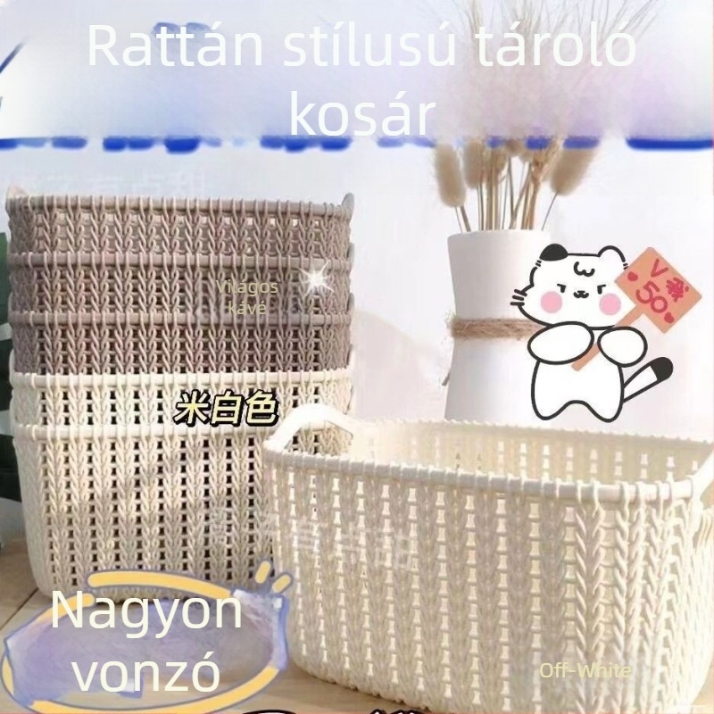 Rattanhatású asztali tárolókosár, műanyag rendező a konyhához és a fürdőszobához, harapnivalók tároló doboz