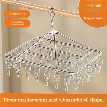Rozsdamentes acél ruhaszárító állvány több csipesszel, szélálló zokikészlettel, kollégiumi használatra