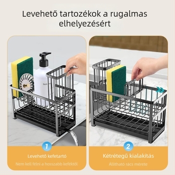 Konyhai leválasztható mosogatópolc szivacstartóval, leürítő résszel és tisztítószer-tárolóval – Multifunkcionális szervező