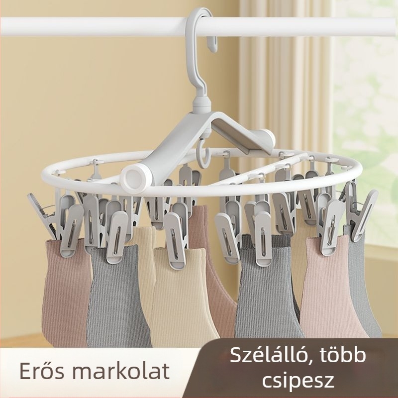 Összecsukható ruhaszárító állvány több fogóval, zokihorgokkal és alsóneműhorgokkal