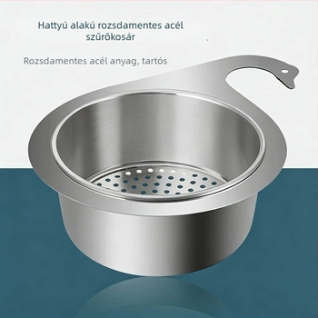 Hattyú alakú konyhai lefolyókosár, rozsdamentes acélból, akasztós lefolyóállvány, száraz–nedves szétválasztású hulladékszűrő kosár