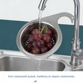 Hattyú alakú konyhai lefolyókosár, rozsdamentes acélból, akasztós lefolyóállvány, száraz–nedves szétválasztású hulladékszűrő kosár