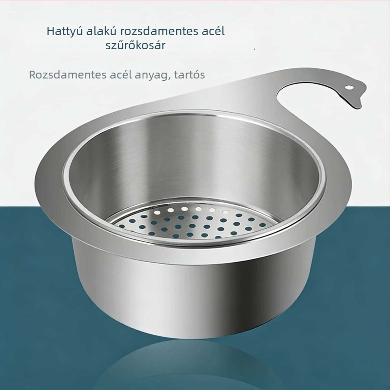 Hattyú alakú konyhai lefolyókosár, rozsdamentes acélból, akasztós lefolyóállvány, száraz–nedves szétválasztású hulladékszűrő kosár