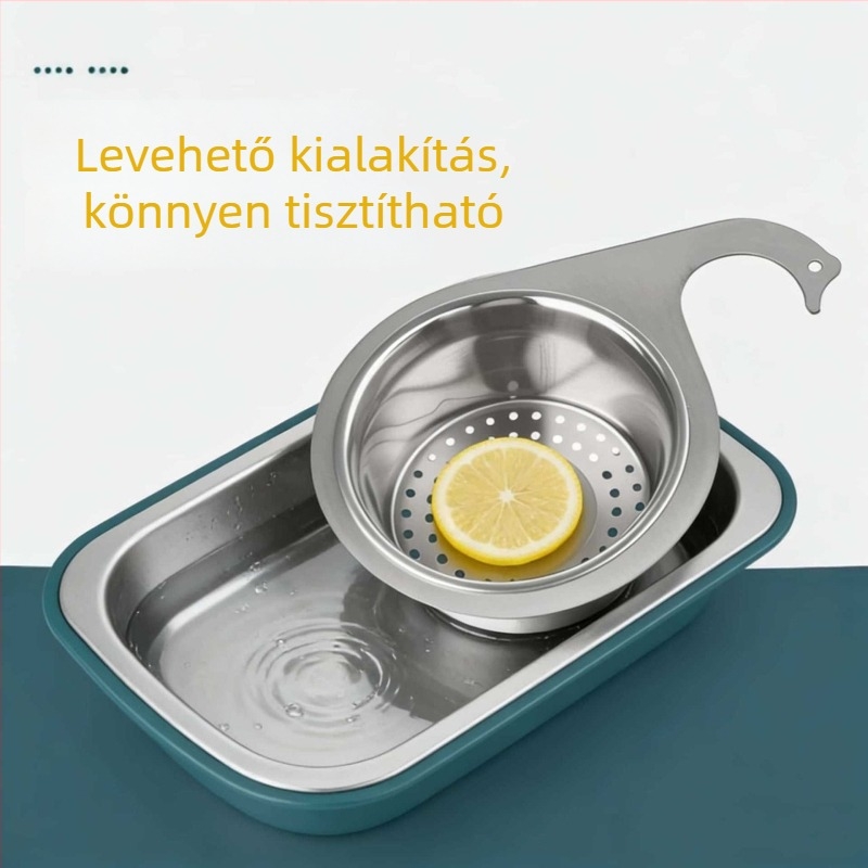 Hattyú alakú konyhai lefolyókosár, rozsdamentes acélból, akasztós lefolyóállvány, száraz–nedves szétválasztású hulladékszűrő kosár