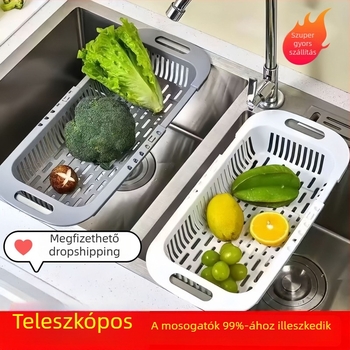 Többfunkciós teleszkópos leeresztő kosár gyümölcsök és zöldségek mosásához, mosogató melletti tárolókosár, vízszűrő kosár és edényállvány