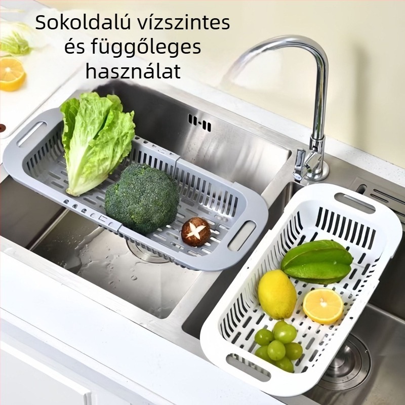 Többfunkciós teleszkópos leeresztő kosár gyümölcsök és zöldségek mosásához, mosogató melletti tárolókosár, vízszűrő kosár és edényállvány