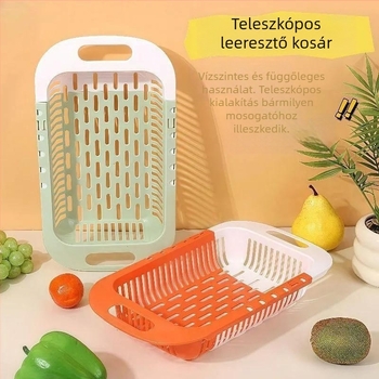 Kétrétegű, kinyúló kék műanyag leeresztő állvány – gyümölcstartóval és konyhai mosogatáshoz, multifunkcionális.