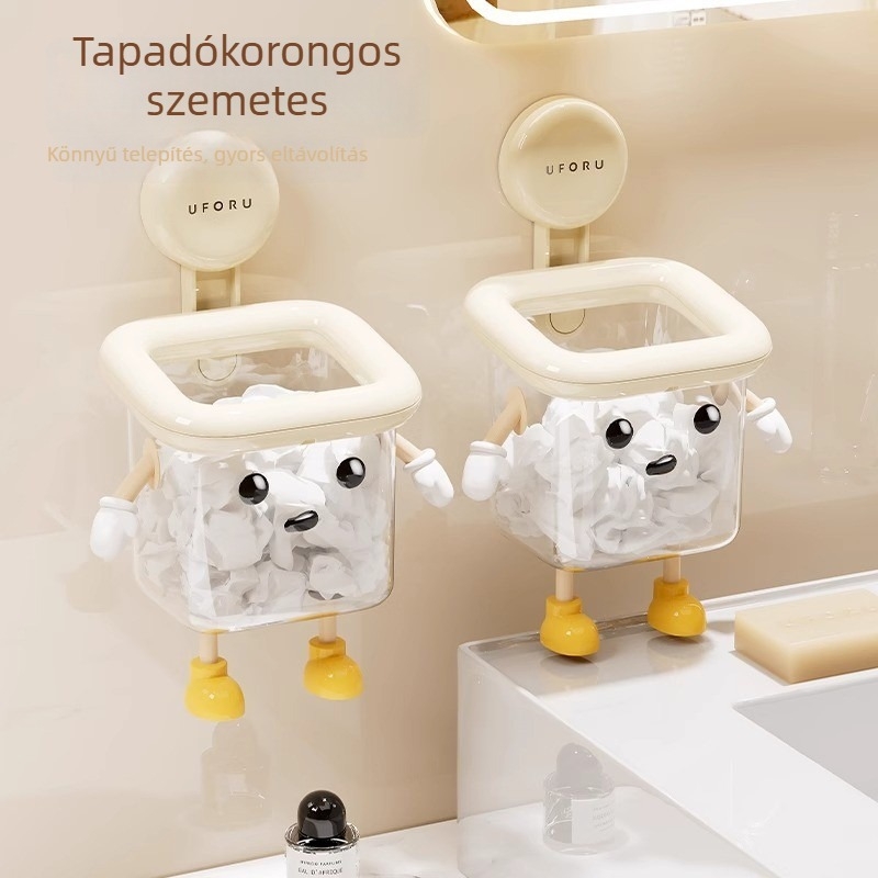 Falra szerelhető fürdőszobai szemetes szívókorongos kivitelben, törölközőtárolóval, aranyos mini kuka a mosdóhoz