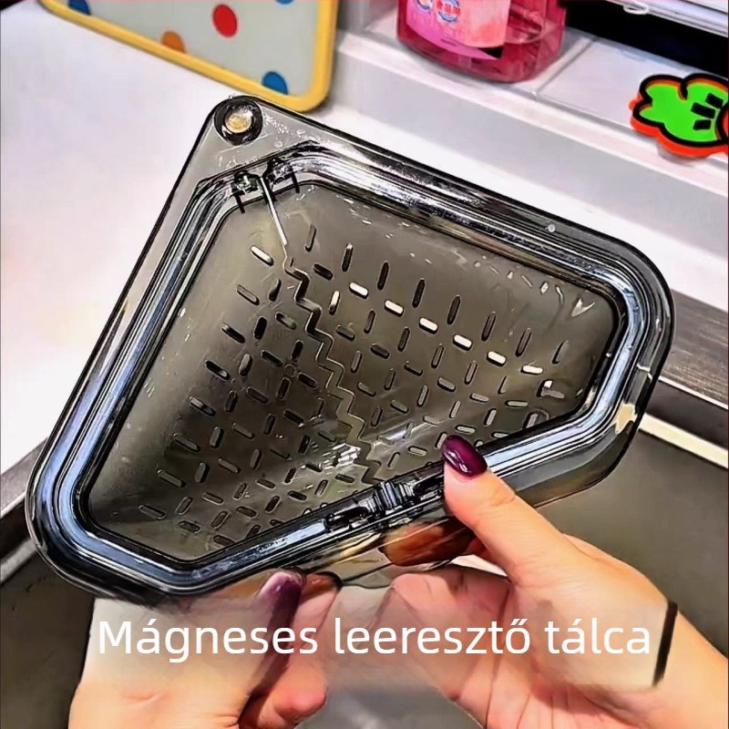 Mágneses háromszög alakú mosogatótálca lefolyó kosár, konyhai tárolópolc és edénytisztító golyó tartó