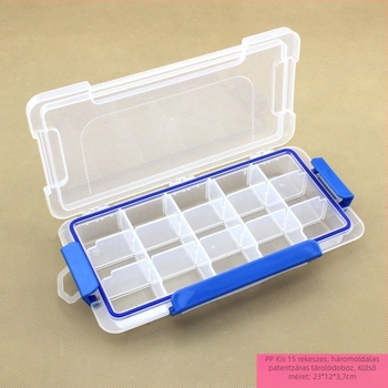 PP 15 rekeszes átlátszó műanyag doboz háromoldalas csattal és fedéllel, leválasztható tároló doboz szerszámokhoz, méretek 23x12x3.7 cm
