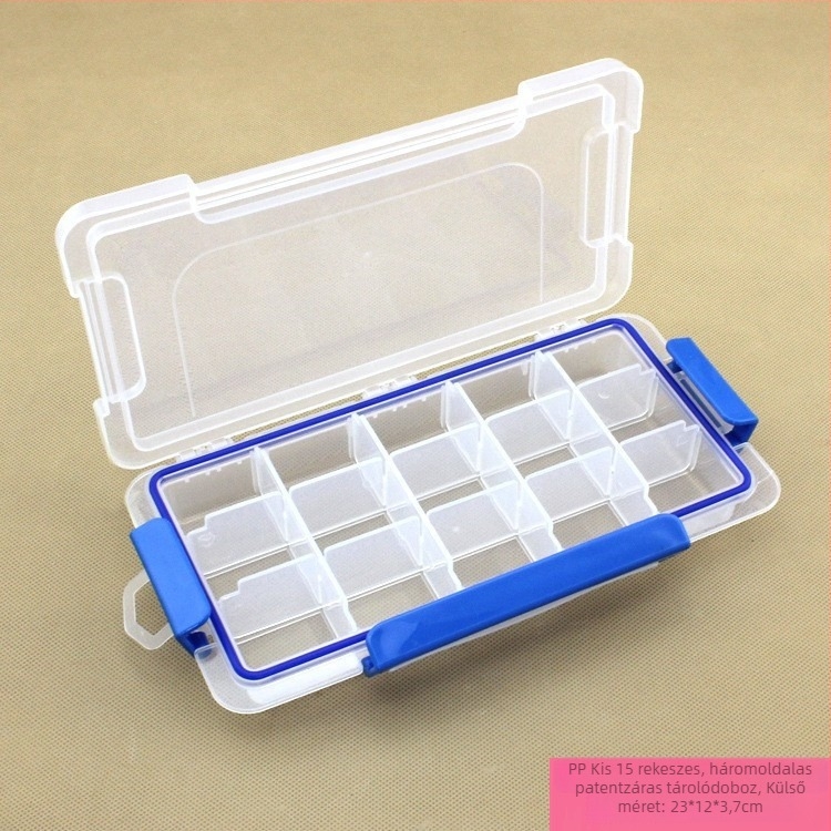 PP 15 rekeszes átlátszó műanyag doboz háromoldalas csattal és fedéllel, leválasztható tároló doboz szerszámokhoz, méretek 23x12x3.7 cm