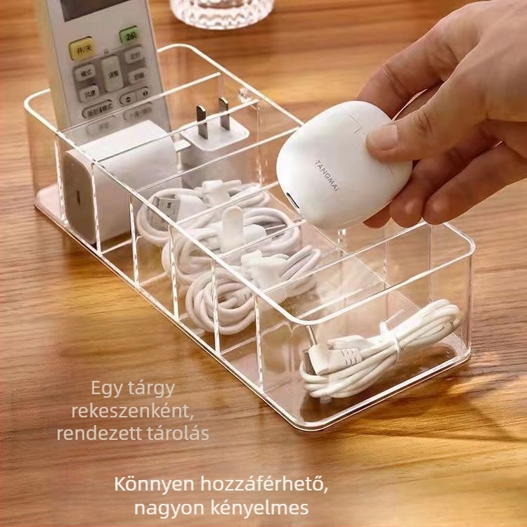Kábel-tároló doboz fedéllel és tekerővel, átlátszó rekeszekkel töltőkábelekhez