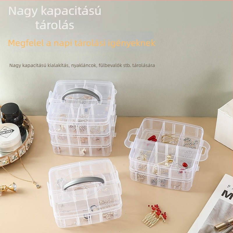 Többszintes ékszertartó doboz, 18 rekesz fülbevalókhoz, karikákhoz és nyakláncokhoz, oxidáció elleni védelem, háromszintű szervező fedéllel