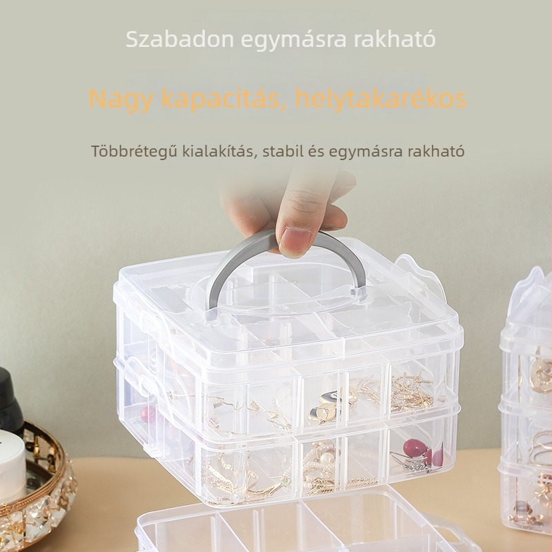 Többszintes ékszertartó doboz, 18 rekesz fülbevalókhoz, karikákhoz és nyakláncokhoz, oxidáció elleni védelem, háromszintű szervező fedéllel