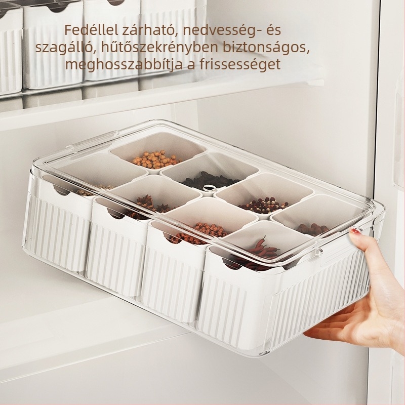 Konyhai fűszertartó doboz rekeszekkel, szárított chili, bors, csillagánizs és fahéj tárolásához