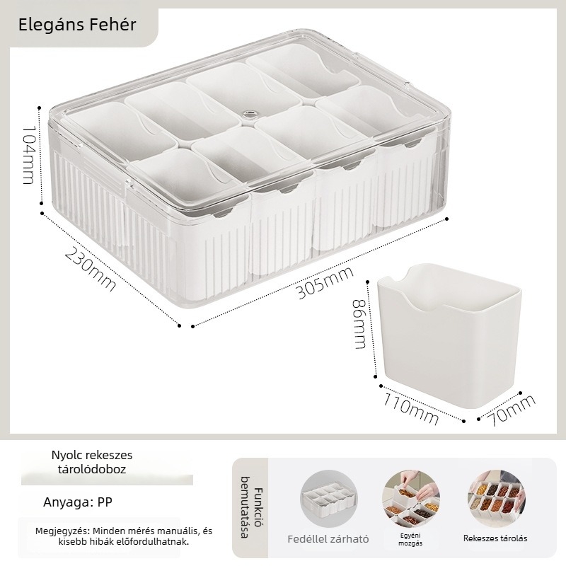Konyhai fűszertartó doboz rekeszekkel, szárított chili, bors, csillagánizs és fahéj tárolásához