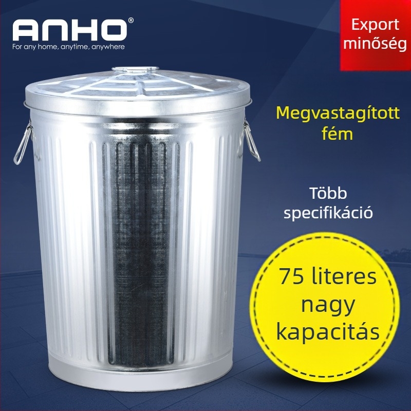 ANHO kültéri fém szemetes fedéllel, hordó alakú, nagy kapacitású, kereskedelmi használatra