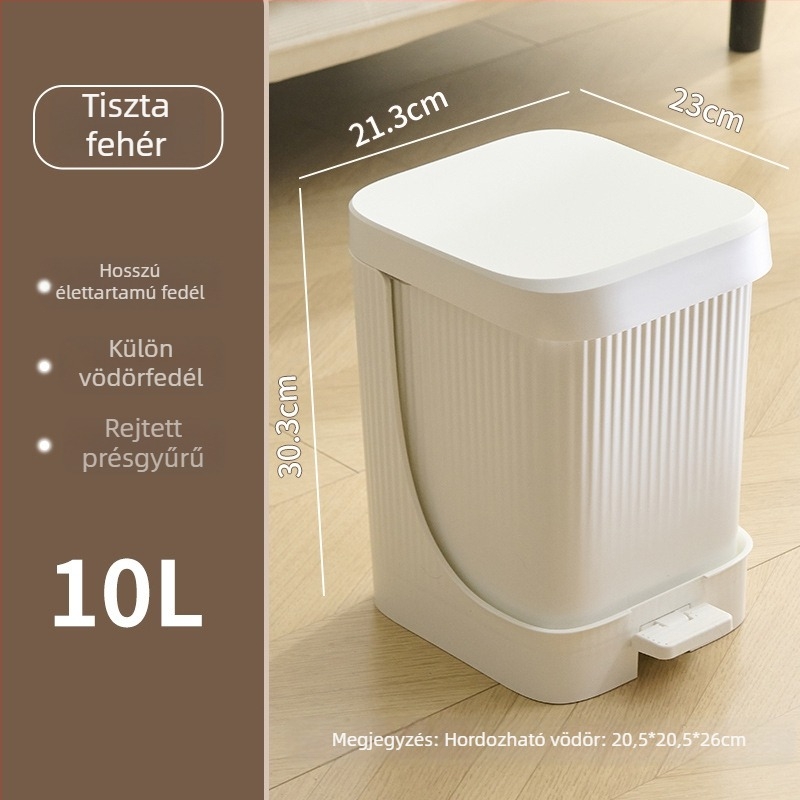 Lábpedállal működő műanyag szemetes fedővel, 10 L, négyzet alakú, otthoni használatra – konyha, nappali, hálószoba, fürdőszoba