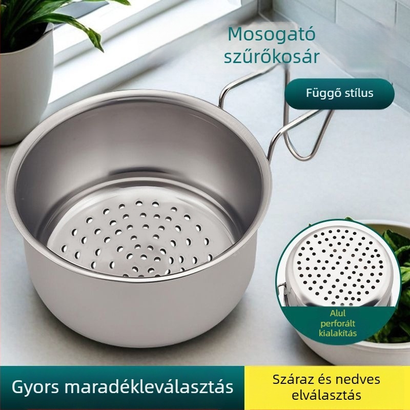 Rozsdamentes acélból készült konyhai mosogató lefolyó kosár száraz–nedves elválasztással, akasztókkal és maradék szűrő kosarával