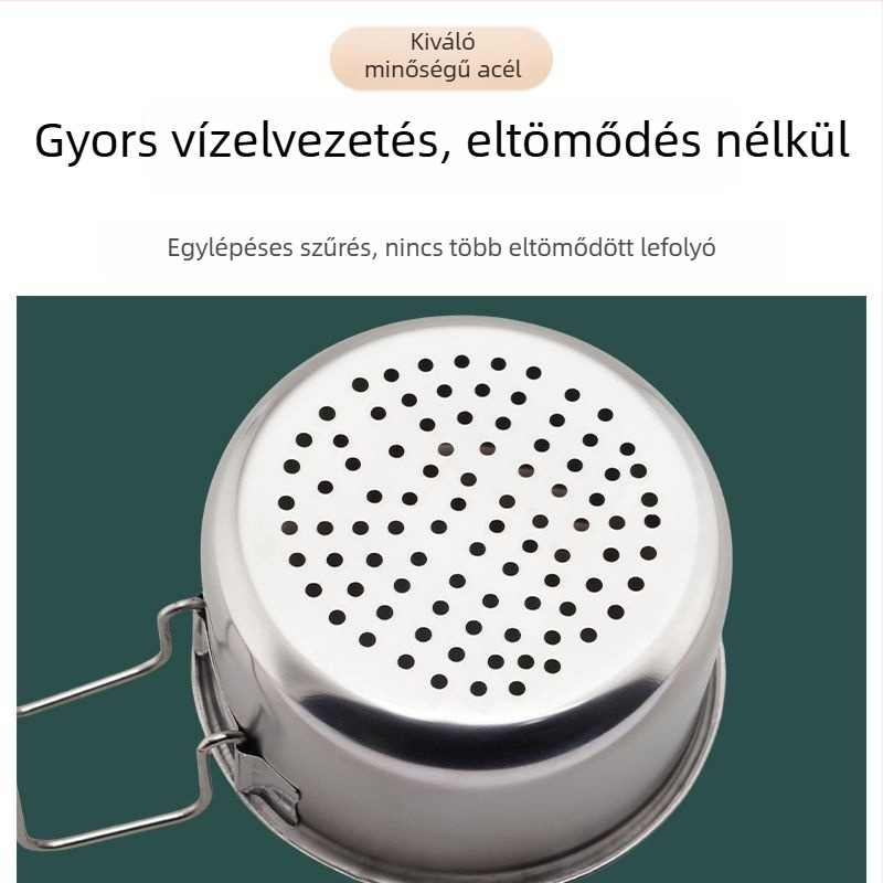 Rozsdamentes acélból készült konyhai mosogató lefolyó kosár száraz–nedves elválasztással, akasztókkal és maradék szűrő kosarával