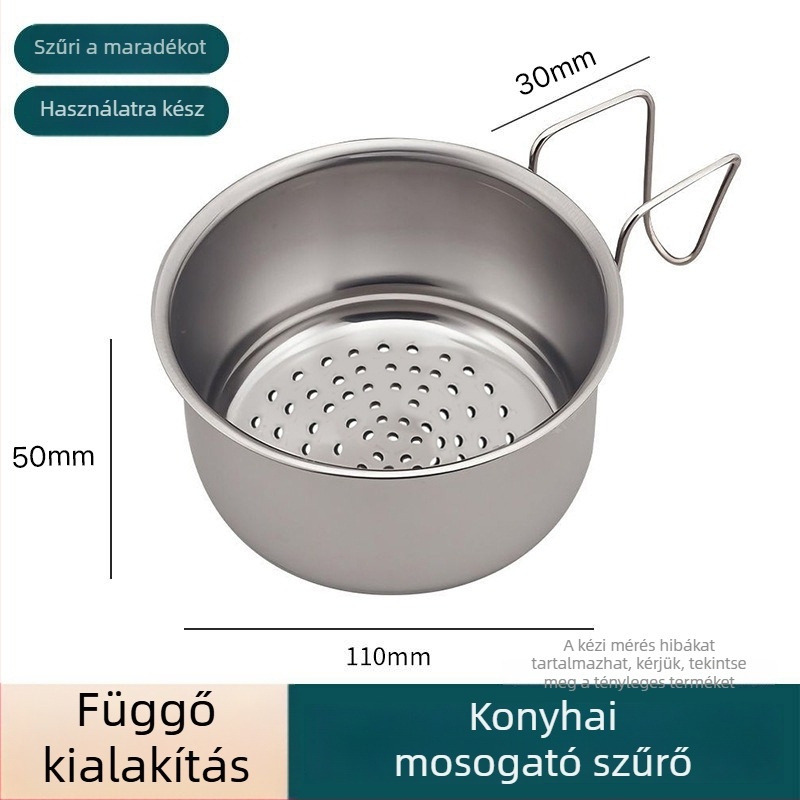 Rozsdamentes acélból készült konyhai mosogató lefolyó kosár száraz–nedves elválasztással, akasztókkal és maradék szűrő kosarával