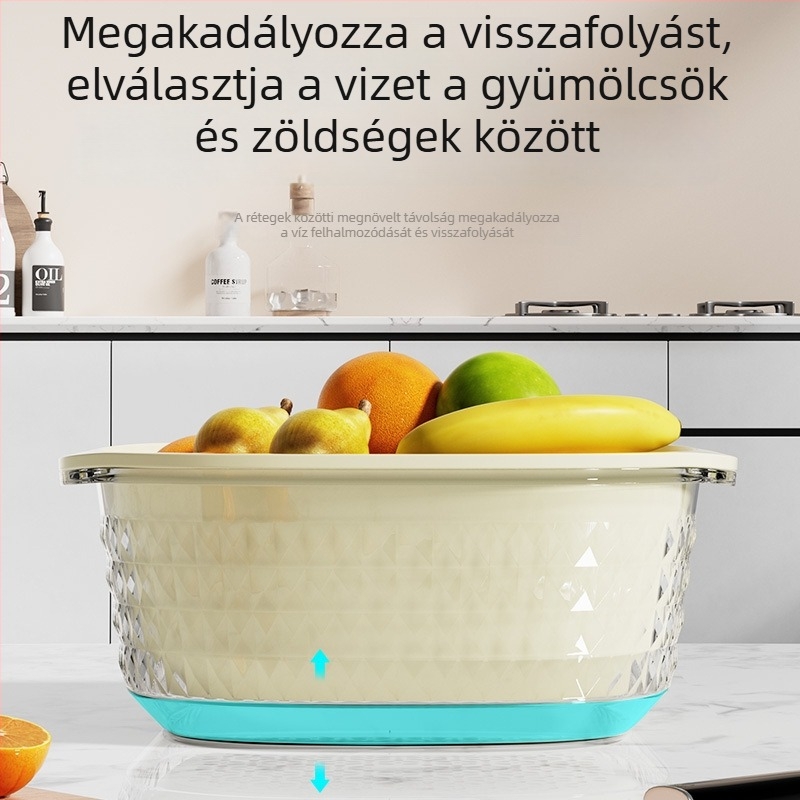 Többfunkciós, dupla rétegű konyhai leeresztő kosár zöldségek mosásához és gyümölcsök tárolásához