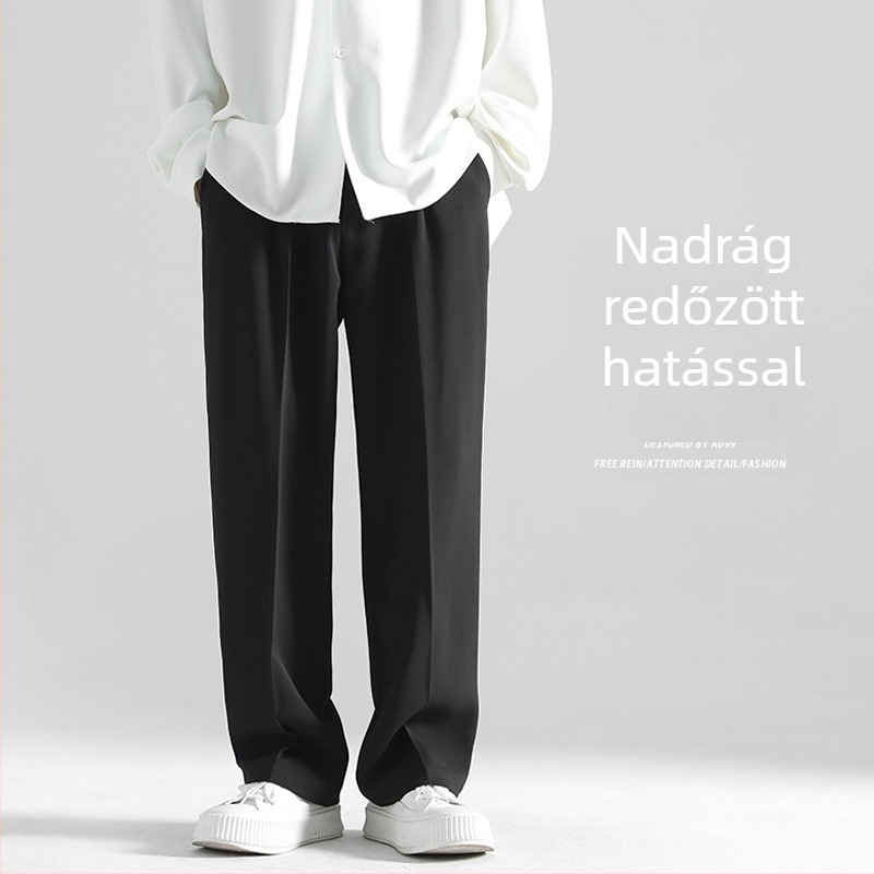 Férfi drapírozott egyenes szabású nyári nadrág, laza, fiatalos stílus, széles szárú, padlóra érő hosszúságú
