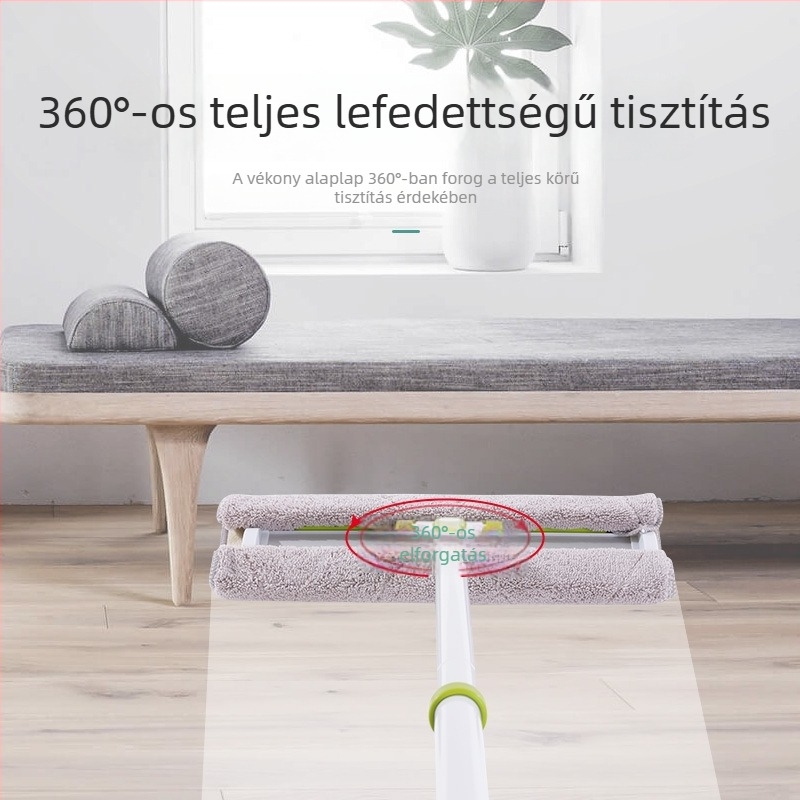 Otthoni használatra készült lapos mop kendővel és klippel, egyszerű tisztítás egy mozdulattal, felszívja a vizet és a port, száraz és nedves tisztításra, teleszkópos acélnyél.