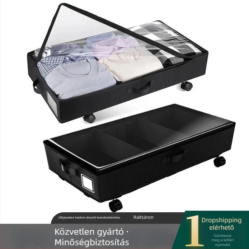 Összecsukható alatti ágytároló doboz fedővel, porálló, textil kivitel, kerekekkel