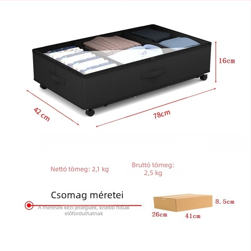 Összecsukható alatti ágytároló doboz fedővel, porálló, textil kivitel, kerekekkel