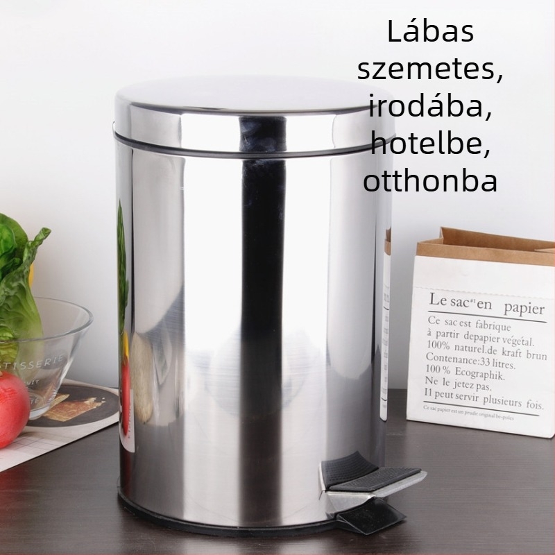 Vastagított rozsdamentes acél pedálos hulladéktároló, fedővel és belső tartállyal, hordó alakú, 5 literes kapacitás, hotel, otthon, konyha, iroda és fürdőszoba számára