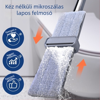 Nagy méretű lapos mop érintés nélküli használattal, száraz és nedves tisztításhoz, mikroszálas fej, rozsdamentes acélnyél, otthoni használatra