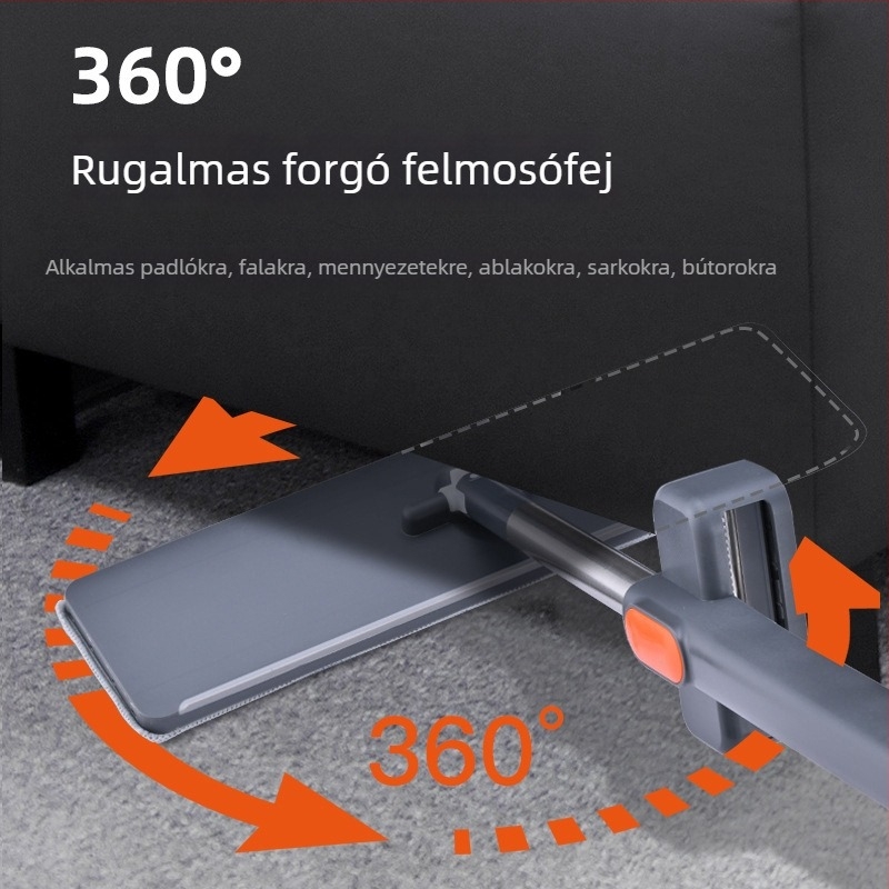 Nagy méretű lapos mop érintés nélküli használattal, száraz és nedves tisztításhoz, mikroszálas fej, rozsdamentes acélnyél, otthoni használatra