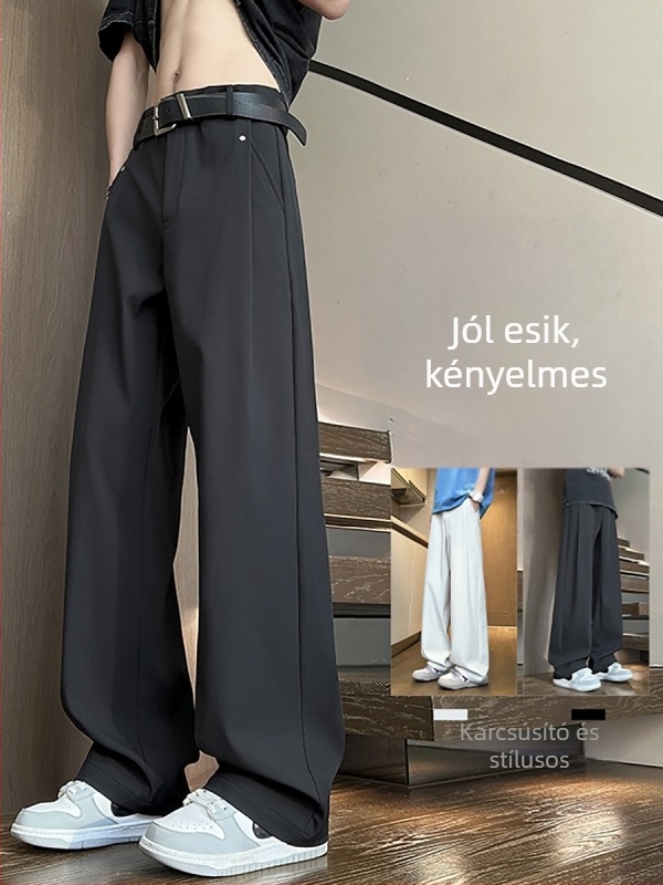 2026 tavasz Koreai stílusú minimalist drapált férfi nadrág, lazán egyenes szabású, plusz méret HK9711