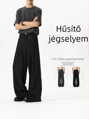 Férfiaknak készült fekete nyári ice silk nadrág, egyenes szabás, széles szárú, casual stílus, luxus érzet