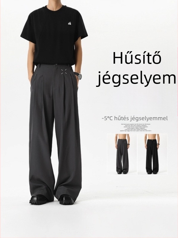 Férfiaknak készült fekete nyári ice silk nadrág, egyenes szabás, széles szárú, casual stílus, luxus érzet