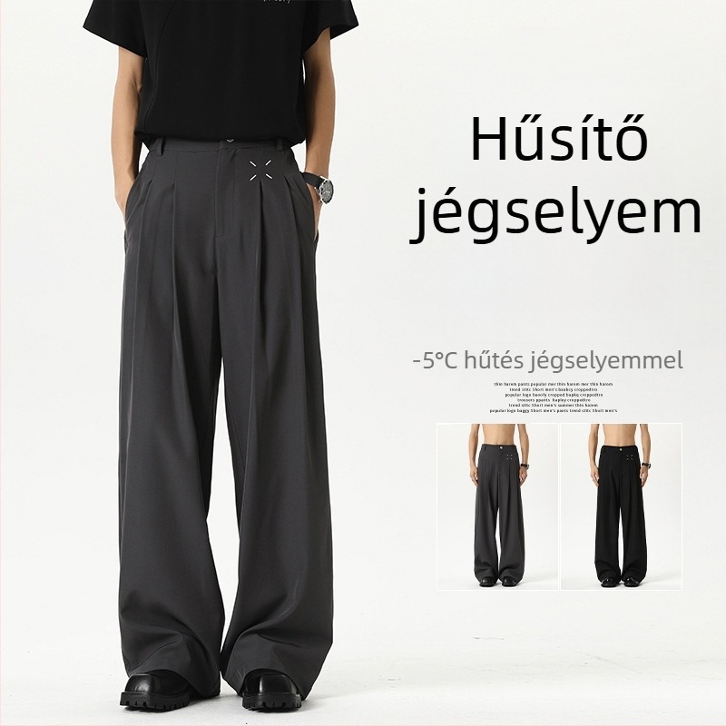 Férfiaknak készült fekete nyári ice silk nadrág, egyenes szabás, széles szárú, casual stílus, luxus érzet