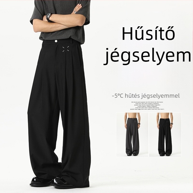 Férfiaknak készült fekete nyári ice silk nadrág, egyenes szabás, széles szárú, casual stílus, luxus érzet