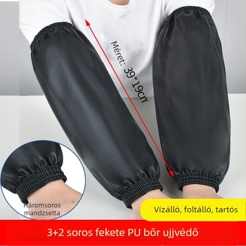 Vízálló PU bőr ujjvédő, 39×19 cm, fekete, széles nyílású 3+2 varrásvonalakkal, felnőtt méret, olaj- és szennyeződésálló